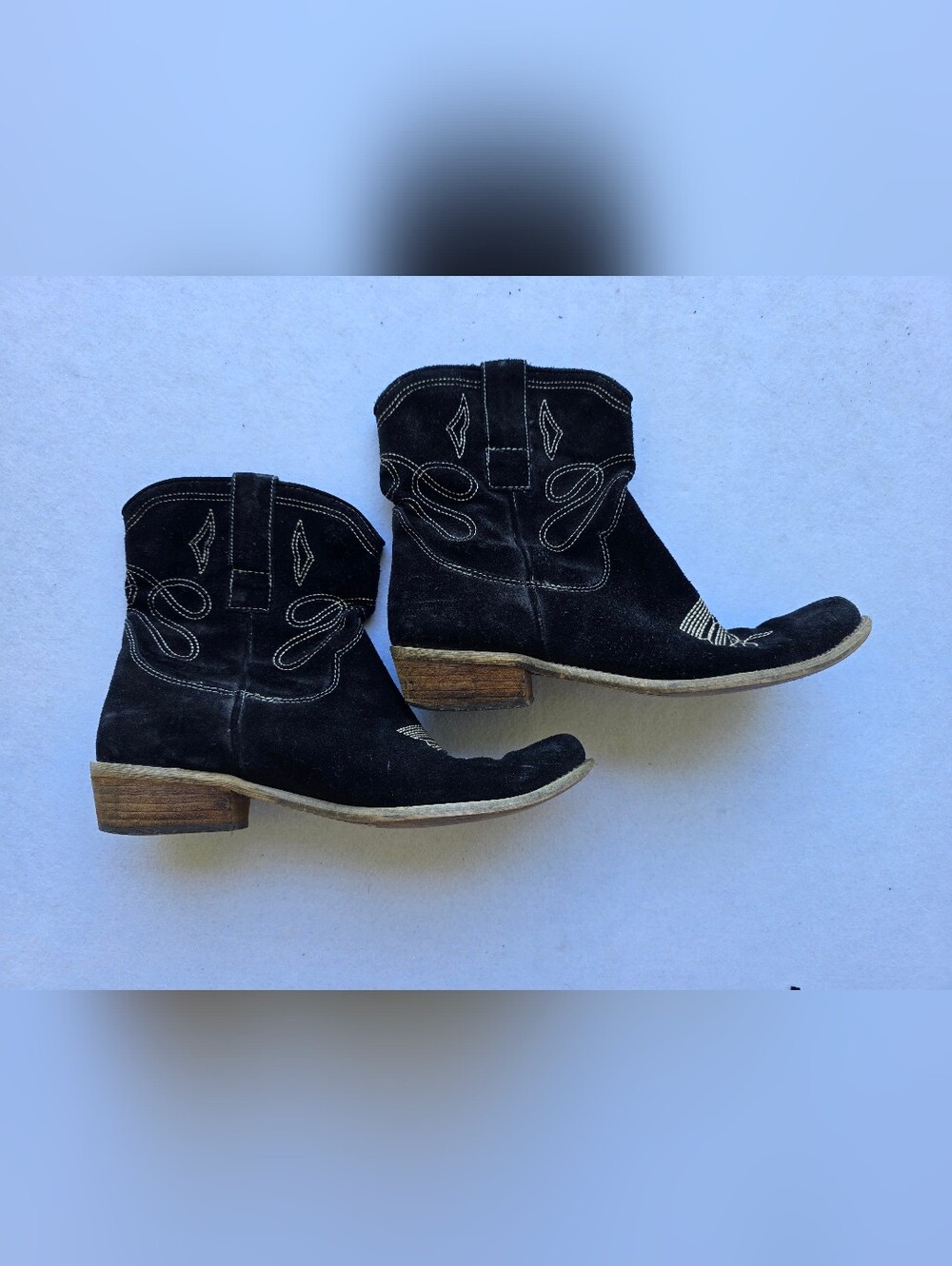 Black Suede Western Ankle Booties with Embroidered Details